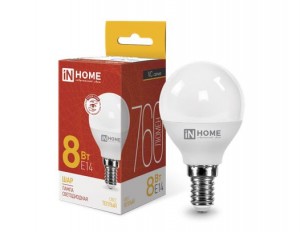 Лампа светодиодная InHome P45 E14  8W 760lm, Тёплый свет 3000К, 005833